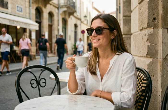 Jeune femme mystérieuse attablée en terrasse de café dans le sud de la France, figure féminine associée à la vie privée d'un rappeur