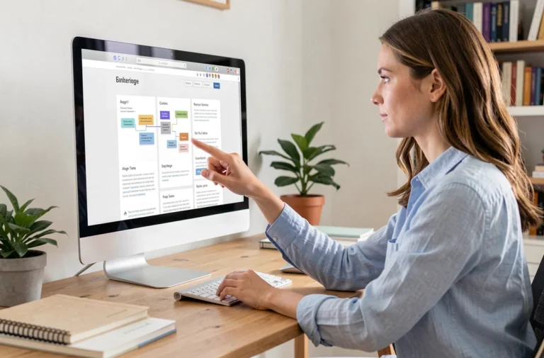 Femme naviguant facilement sur un site web bien structuré depuis son bureau à domicile