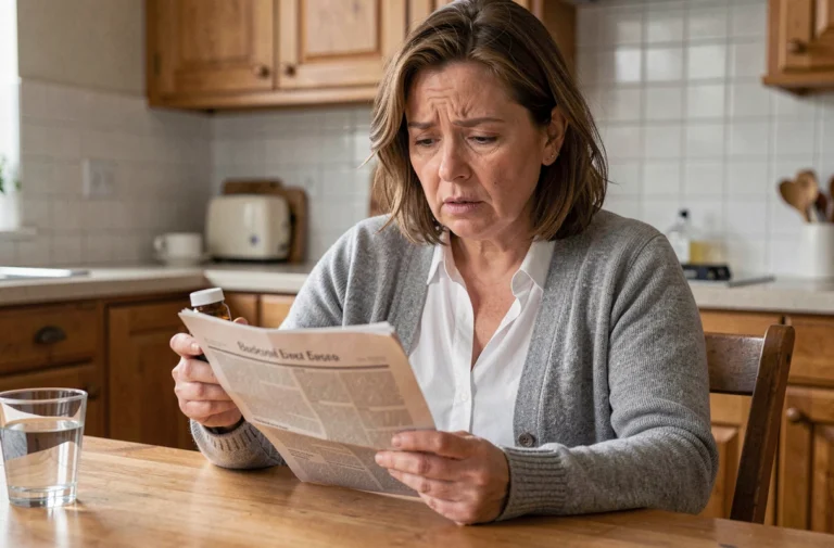 Femme lisant la notice d'un médicament à effets secondaires à la cuisine