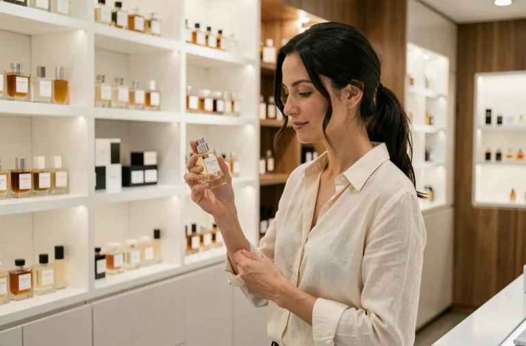Femme découvrant un parfum Equivalenza en boutique, rangées de flacons sur étagères blanches