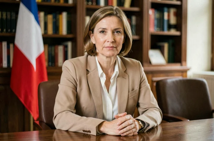 Femme politique en veste beige assise à une table de réunion institutionnelle, portrait éditorial