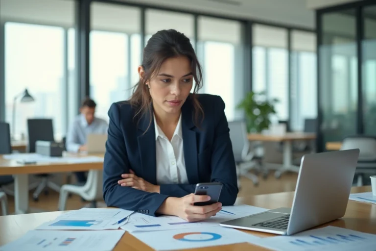 Femme professionnelle analysant des informations et actualités sur Open Syd dans un bureau moderne