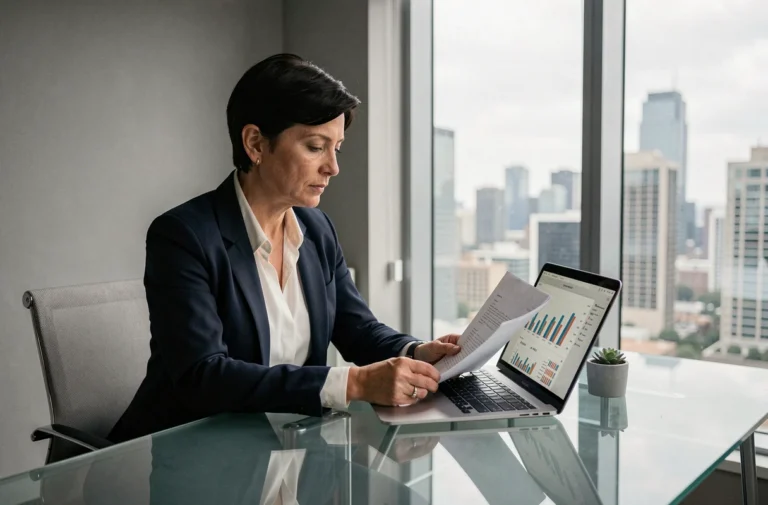 Femme professionnelle analysant des données financières sur un ordinateur portable dans un bureau moderne avec vue sur la ville