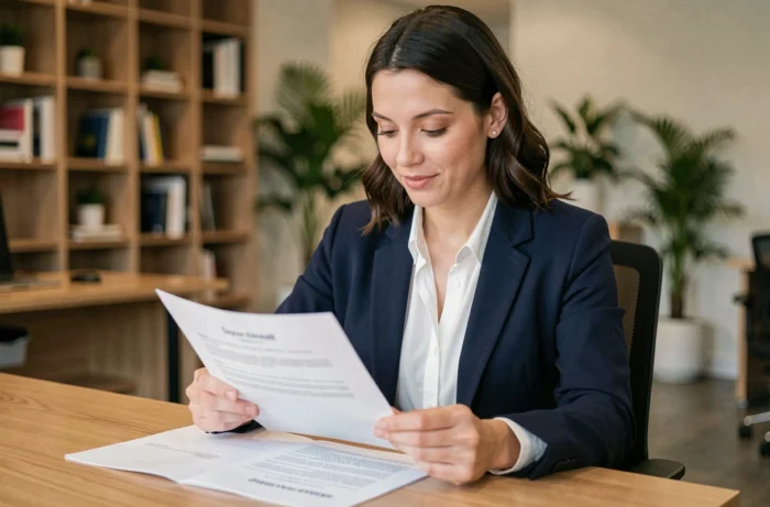 Femme professionnelle en blazer marine révisant un CV imprimé à son bureau dans un bureau moderne
