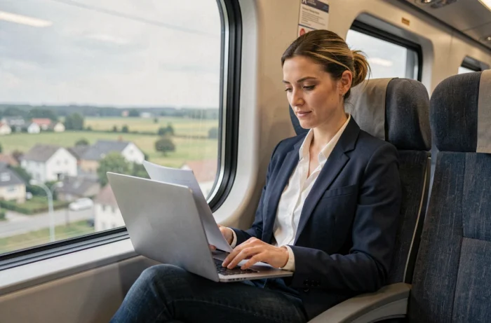 Femme professionnelle travaillant sur son ordinateur portable dans un TGV entre deux grandes villes, illustrant la mobilité professionnelle et le télétravail en déplacement