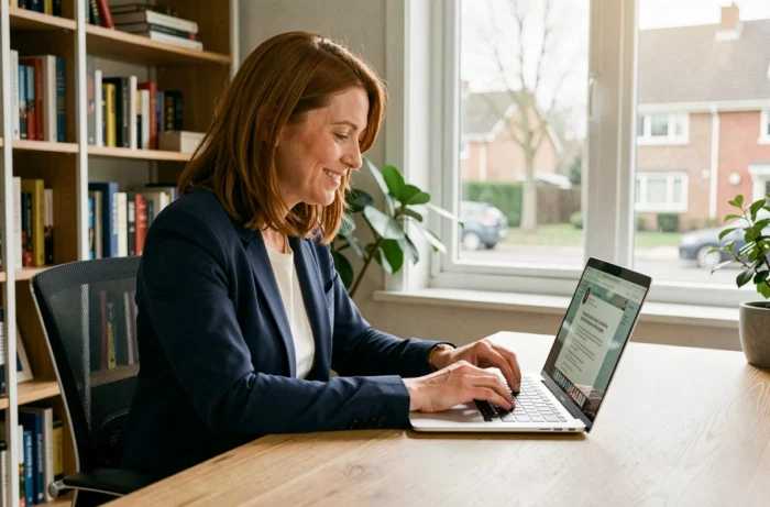 Femme rédigeant un avis client Spoticar sur son ordinateur portable depuis son bureau à domicile