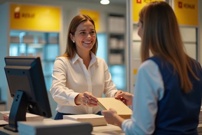 Femme remettant un chéquier CESU à un agent de La Poste pour vérification du code NAN