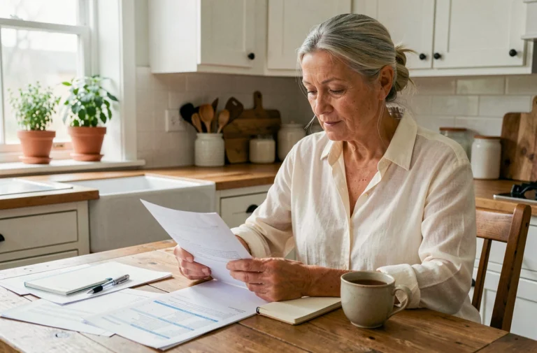 Une femme retraitée sereine consultant ses documents financiers à la table de sa cuisine pour préparer sa retraite