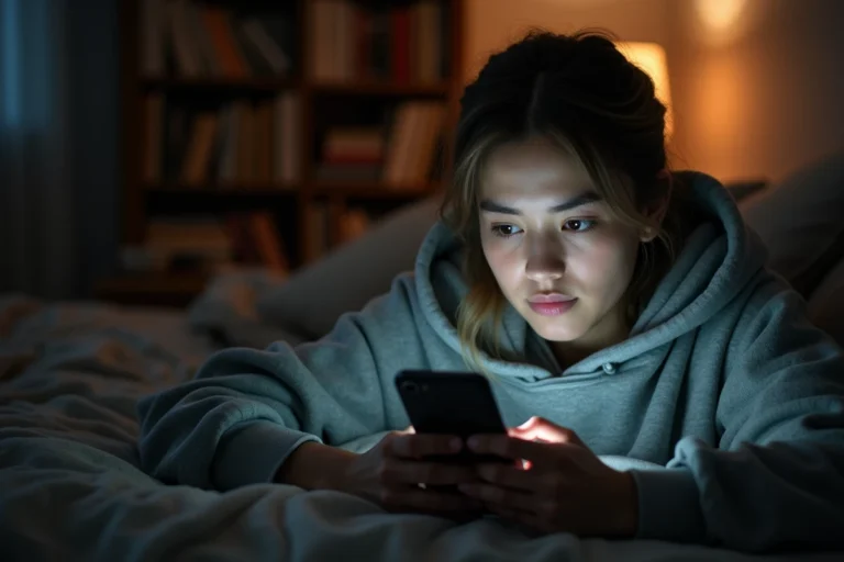 Jeune femme allongée sur un canapé la nuit, regardant son téléphone avec une expression pensive après avoir reçu un SMS tardif