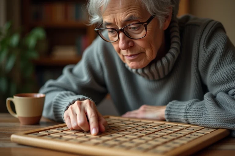 Femme vérifiant un mot sur un plateau de Scrabble en bois avec des lunettes de lecture, dans un salon chaleureux