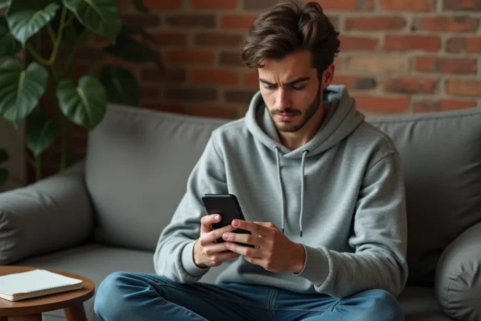 Jeune personne gérant les filtres anti-spam de sa boîte email sur smartphone dans un appartement