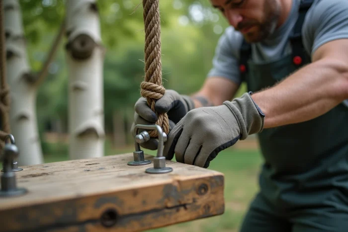 Détail de fixation d'une balançoire en bois sur un tronc de bouleau avec cordes et mousquetons