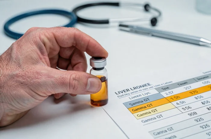 Gros plan sur un flacon d'analyse sanguine et un bilan hépatique avec valeurs de gamma GT surlignées posés sur un comptoir de laboratoire médical