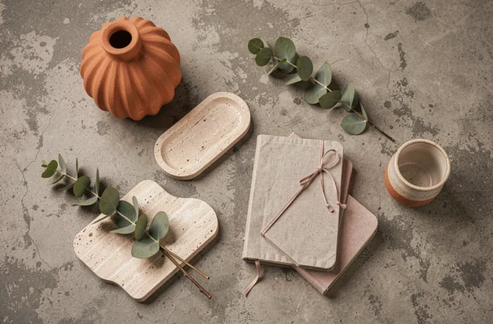 Flat lay déco tendance avec vase en terre cuite cannelé, plateau en travertin et accessoires naturels en linge et céramique artisanale