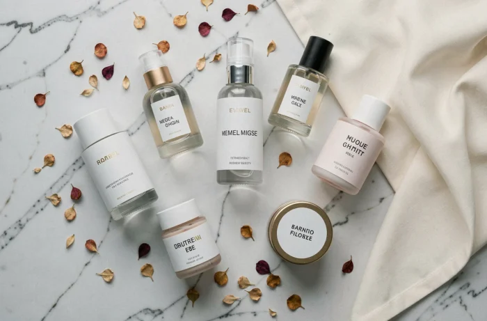 Flat lay de flacons de parfum et cosmétiques Equivalenza sur marbre blanc avec pétales séchés