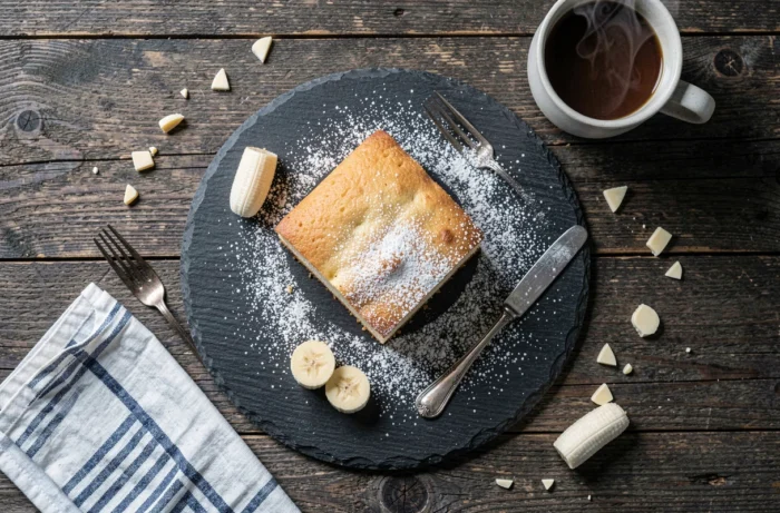 Vue de dessus d'un cake banane chocolat blanc sur ardoise avec accessoires de table vintage et café