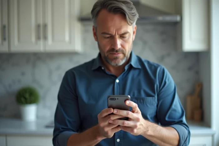 Homme gérant son compte FDJ en ligne sur smartphone depuis sa cuisine