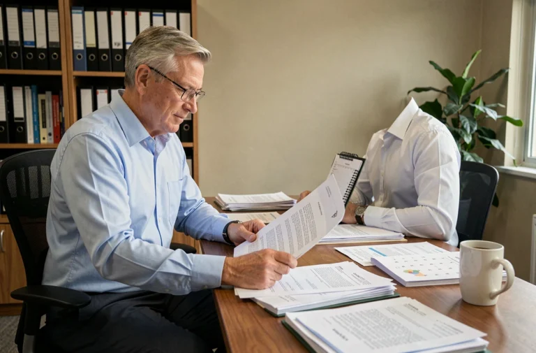 Homme en fin de carrière vérifiant ses documents de congés payés avant son départ en retraite dans un bureau professionnel