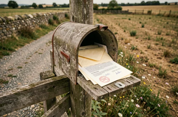 Gros plan d'une boîte aux lettres en bois avec courrier officiel sur un terrain non constructible en milieu rural