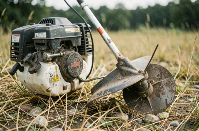 Gros plan sur le moteur et la tête de coupe d'une débroussailleuse thermique posée dans l'herbe sèche