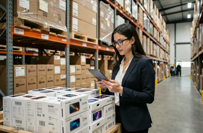Coordinatrice logistique inspectant une commande groupée de smartphones dans un entrepôt de grossiste spécialisé