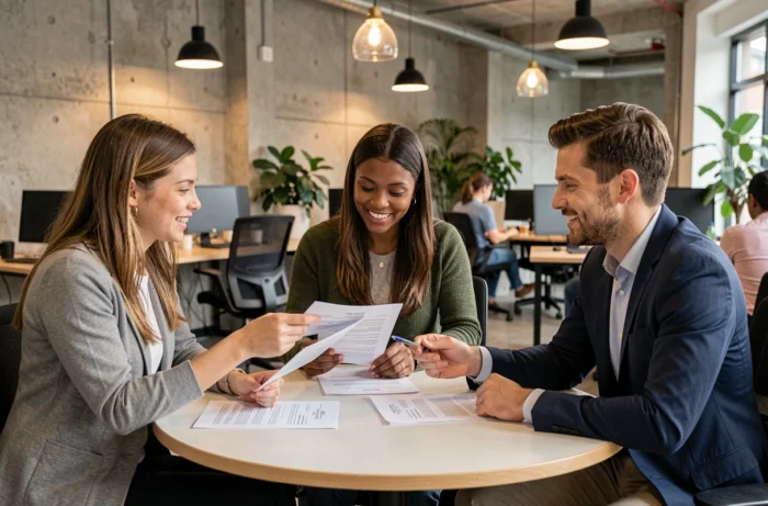 Groupe de candidats comparant leurs CV autour d'une table dans un espace de coworking moderne