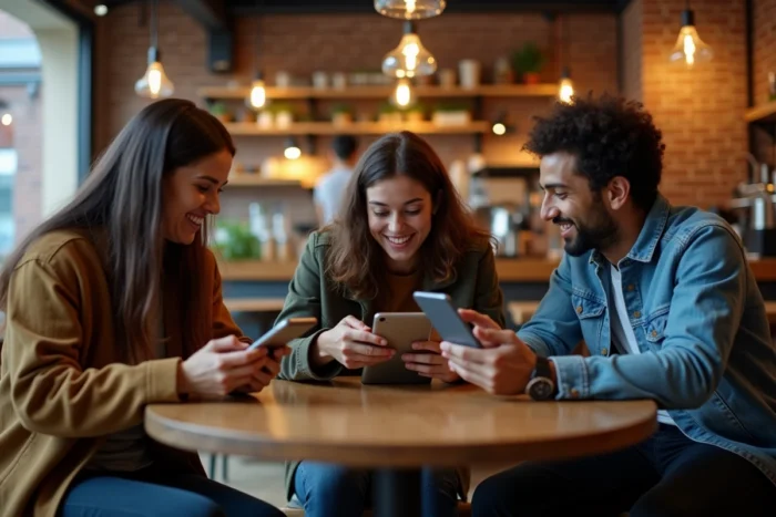 Groupe de jeunes adultes discutant des nouvelles tendances de streaming dans un café urbain moderne