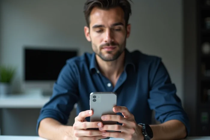 Homme consultant une application de vérification de mots Scrabble sur son smartphone à son bureau