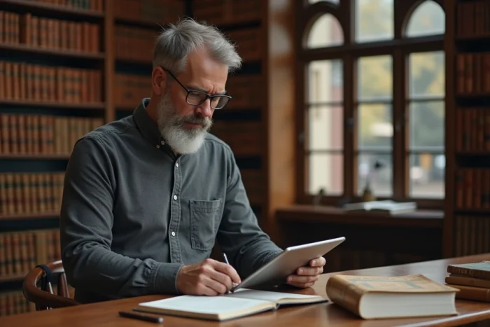 Homme consultant un blog juridique de droit public sur une tablette dans une bibliothèque universitaire