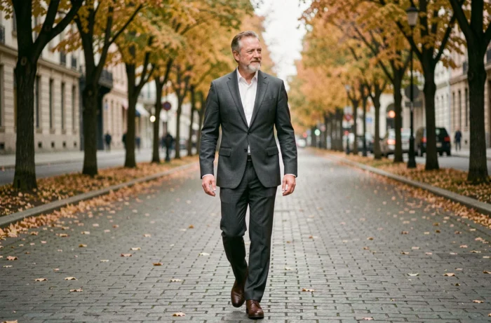 Homme en costume gris marchant sur un boulevard urbain en automne avec des feuilles dorées, style reportage éditorial