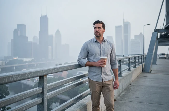 Homme cadre debout sur un pont entre deux horizons urbains, symbolisant la vie professionnelle partagée entre deux grandes métropoles