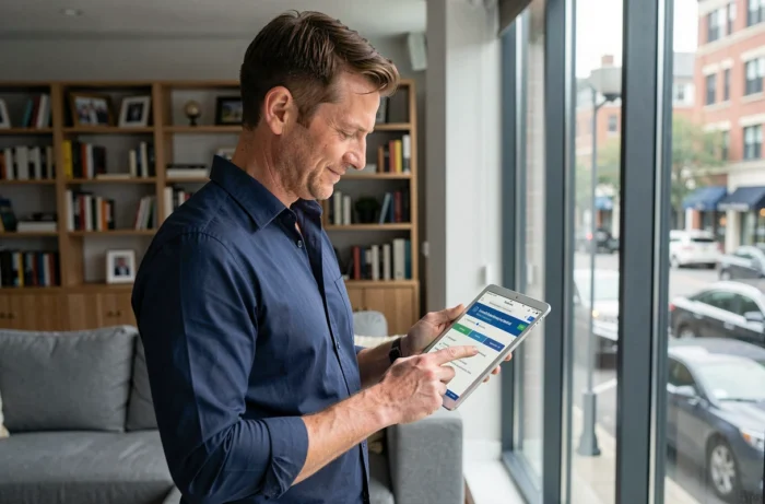 Homme comparant des offres d'assurance habitation sur une tablette dans un salon contemporain