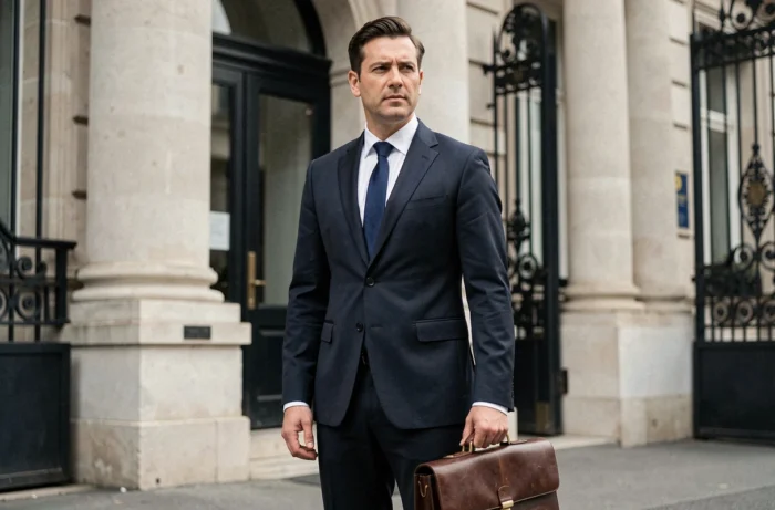 Homme en costume sombre devant un bâtiment institutionnel français, style photo de presse éditoriale