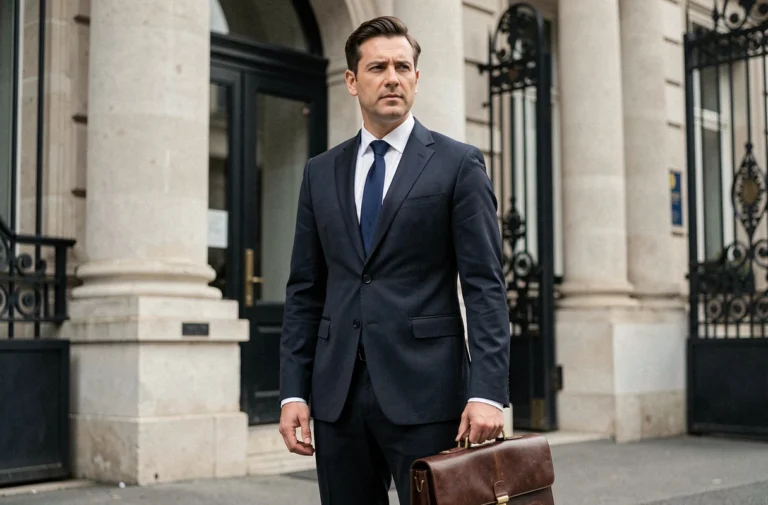 Homme en costume sombre devant un bâtiment institutionnel français, style photo de presse éditoriale