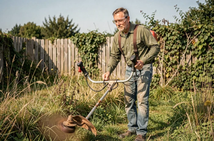 Homme utilisant une débroussailleuse thermique pour entretenir un jardin envahi par les mauvaises herbes