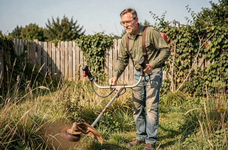 Homme utilisant une débroussailleuse thermique pour entretenir un jardin envahi par les mauvaises herbes