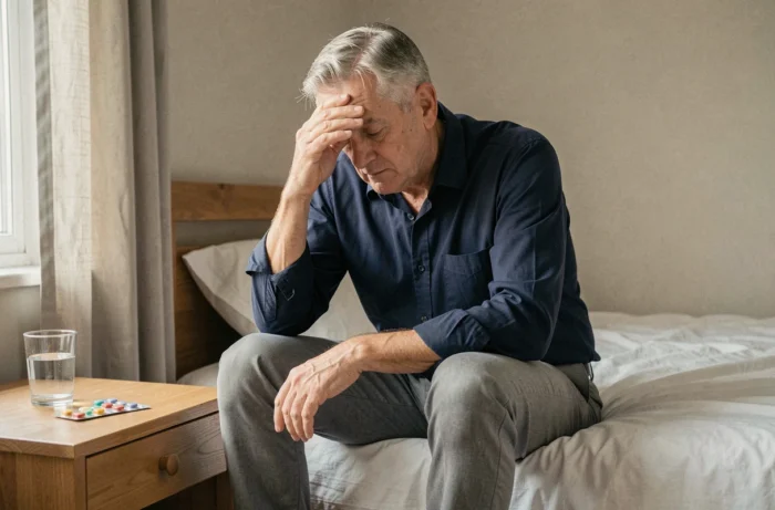 Homme ressentant des effets secondaires médicamenteux assis sur son lit