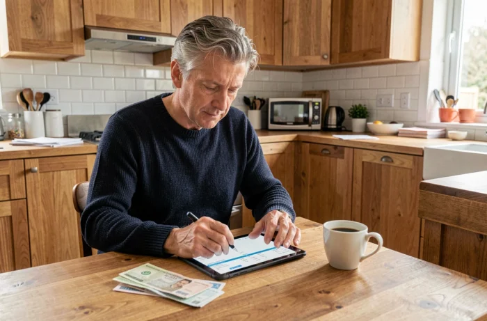 Homme gérant son budget personnel sur une tablette à la table de cuisine avec des documents financiers