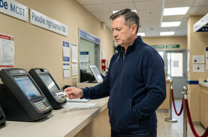 Homme vérifiant son compte Banque Postale au guichet de La Poste après un virement CAF