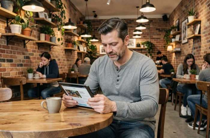 Homme lisant les actualités sur une tablette numérique dans un café urbain chaleureux avec une tasse de café