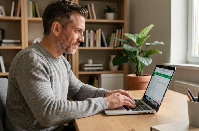 Homme consultant sa messagerie Numericable sur un ordinateur portable dans un bureau à domicile moderne