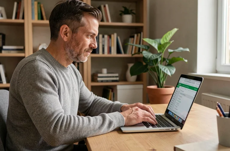 Homme consultant sa messagerie Numericable sur un ordinateur portable dans un bureau à domicile moderne