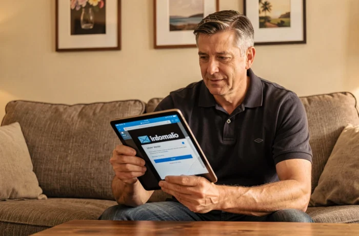 Homme accédant à sa messagerie Numericable sur une tablette depuis son salon