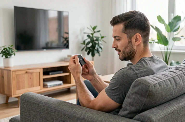 Homme tenant un Mi TV Stick devant un téléviseur dans un salon moderne pour accéder à la TNT