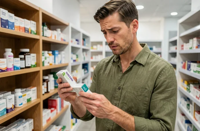 Homme d'une trentaine d'années lisant attentivement la notice d'un médicament en pharmacie, évoquant la recherche d'informations sur les causes d'une élévation des gamma GT
