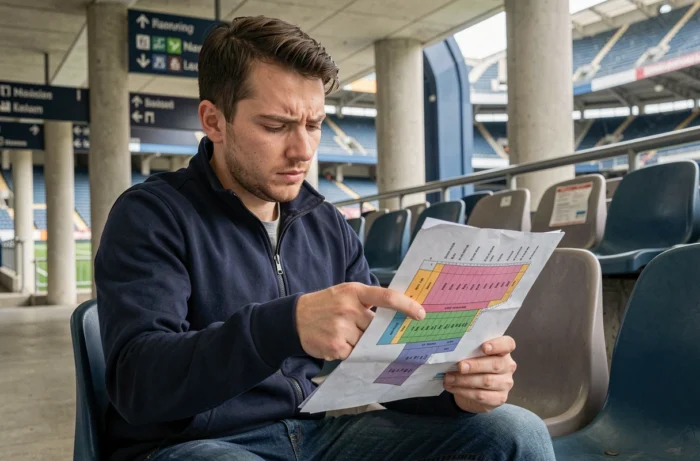 Homme consultant un plan de salle du Groupama Stadium pour choisir sa place avant un match