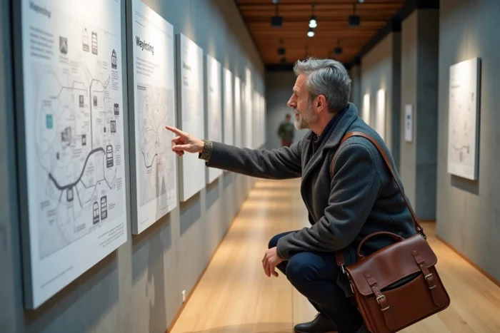 Homme examinant le plan mural de navigation du Bozar dans un couloir d'exposition moderne