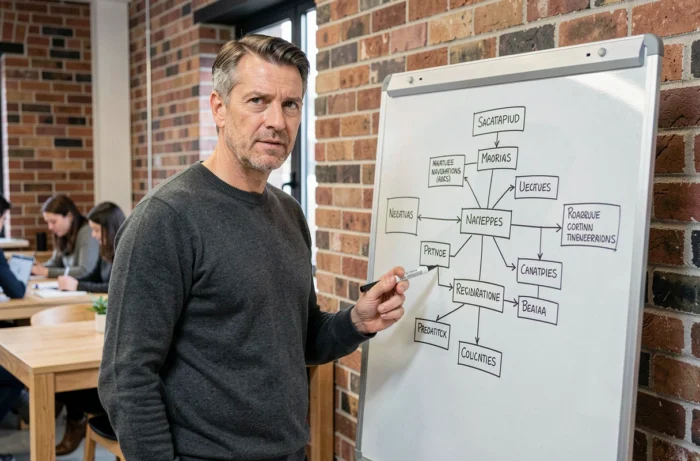 Homme présentant le plan de navigation d'un site web sur un tableau blanc dans un espace de coworking