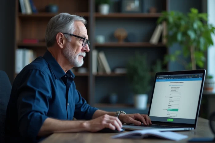 Homme cherchant son code NAN CESU sur un portail administratif en ligne depuis son bureau à domicile