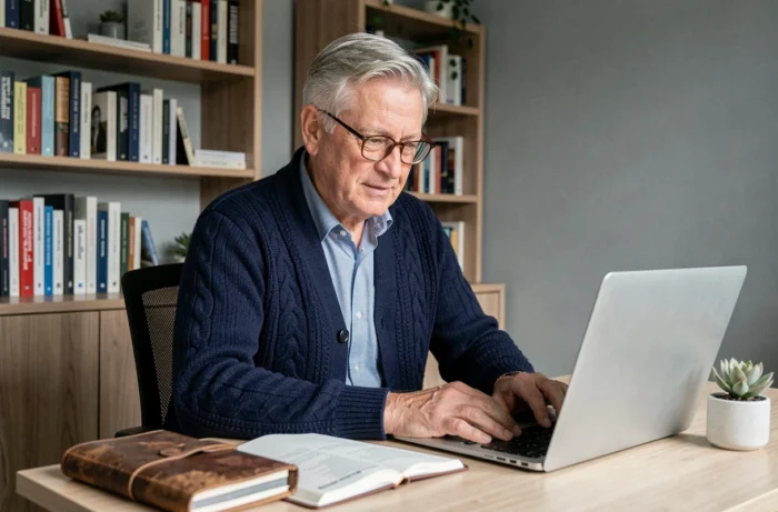 Un homme senior concentré sur la planification de sa retraite devant un ordinateur portable dans son bureau à domicile